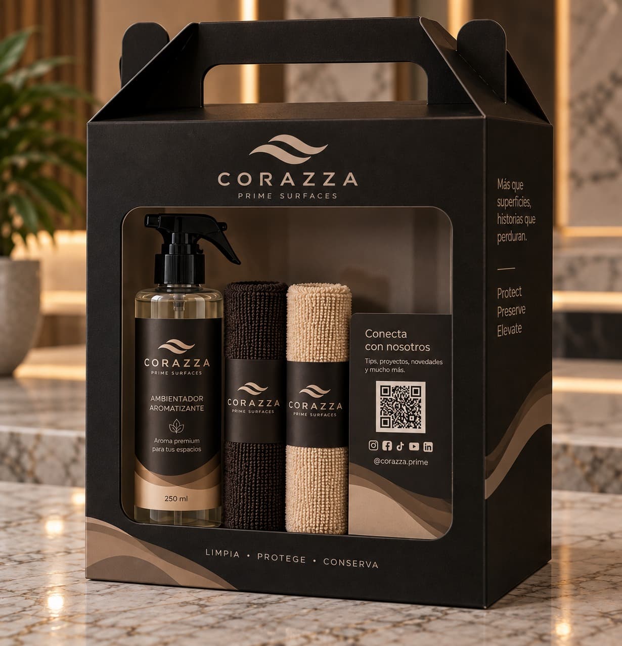 Caja del kit Corazza con atomizador aromatizante, dos toallas de microfibra enrolladas y tarjeta con código QR.