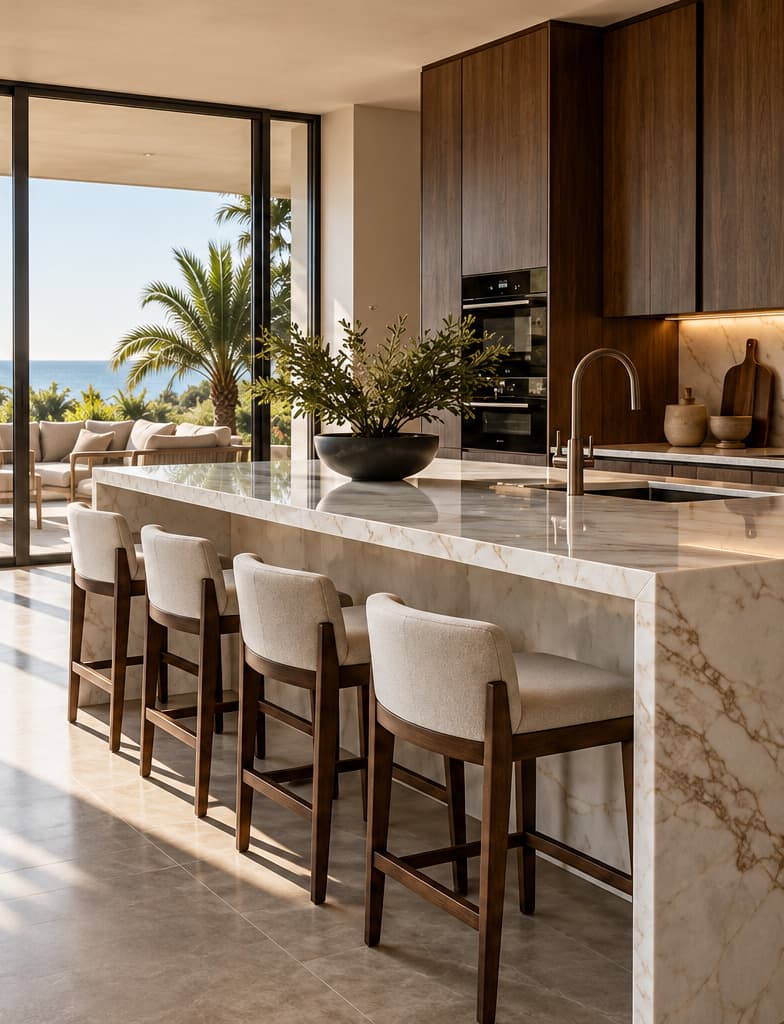 Cocina luminosa con isla de mármol claro veteado, taburetes tapizados de madera y ventanales con vista al mar.