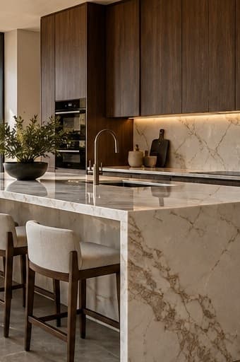 Detalle de una isla de cocina en mármol veteado con canto a inglete, grifo en acabado bronce y gabinetes de madera oscura.
